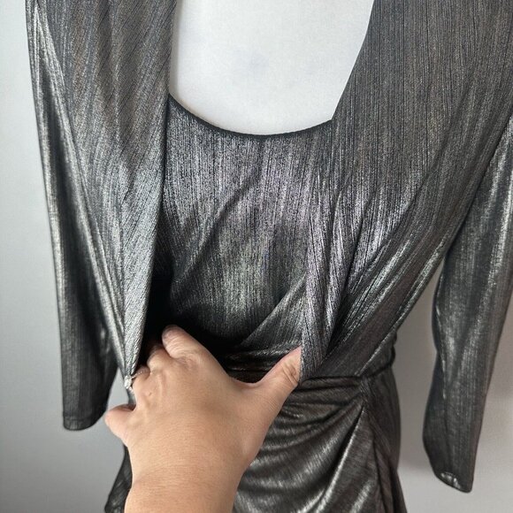 Chetta B Metallic Gold Black Stretch Long Sleeve Front Faux Wrap Top Blouse 12 - Picture 6 of 11